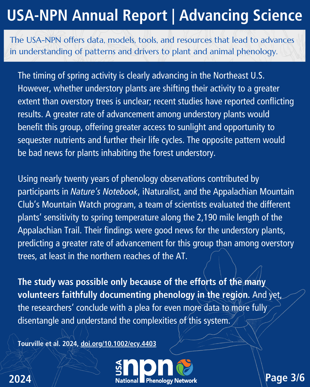 Advancing Science feature from the USA-NPN 2024 Annual Report highlighting an article on advancing spring phenology on the Appalachian Trail (Tourville et al. 2024). 