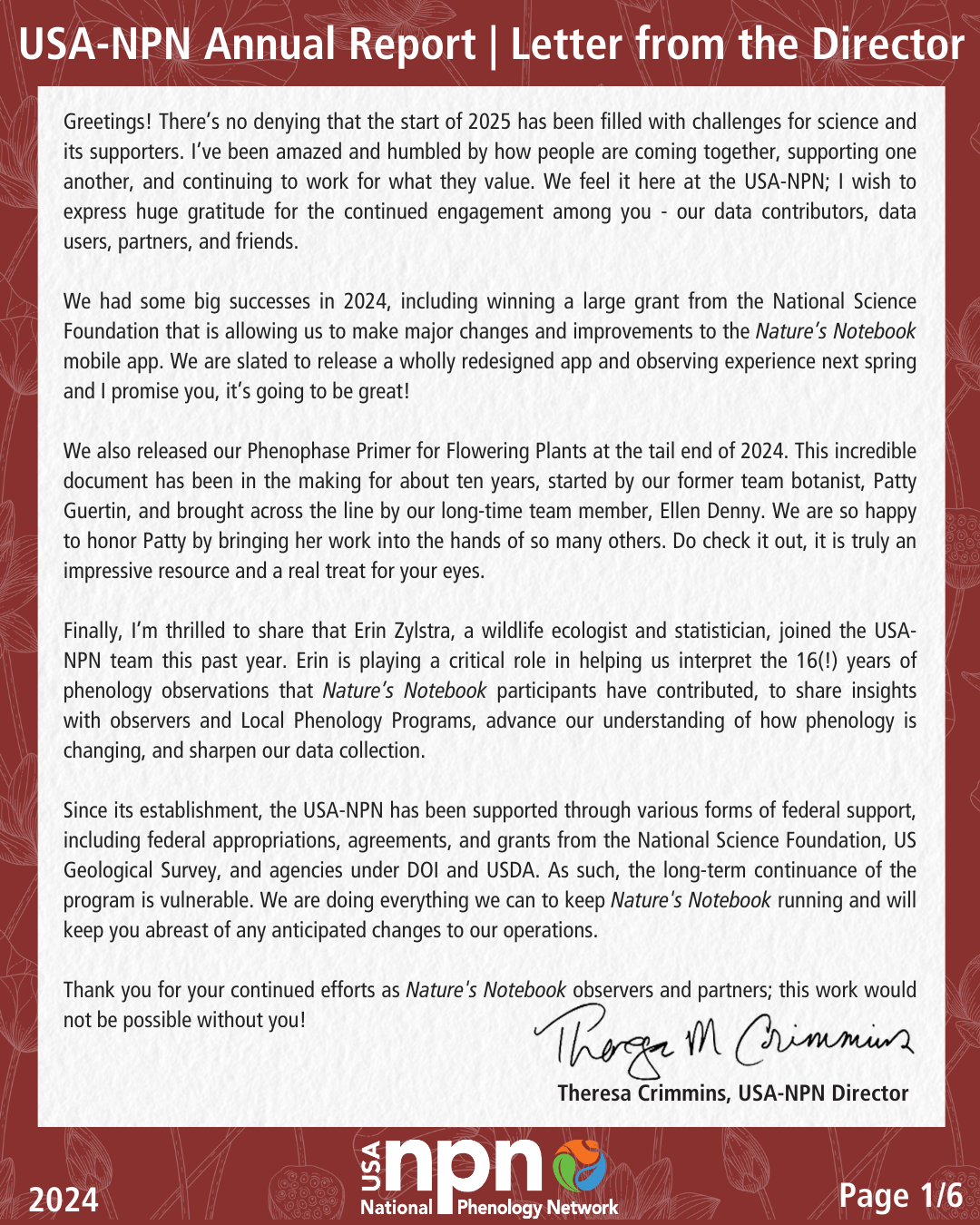 Letter from USA-NPN Director Theresa Crimmins as part of the USA-NPN 2024 Annual Report. 